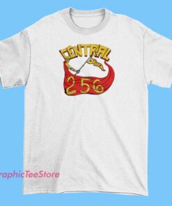 A T-shirt featuring bold text that reads "Central 256" and "Bill Cosby Gang," with a graphic design that includes vibrant colors and urban-inspired elements, creating a streetwear-style look.