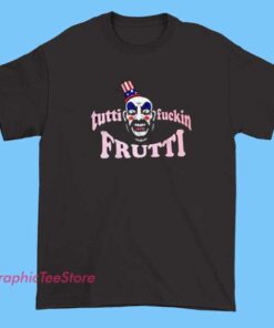 A graphic T-shirt inspired by 'The Devil's Rejects' featuring Captain Spaulding, the iconic character from Rob Zombie's film series. The design may include vintage-style artwork or caricature elements, with a playful or sinister twist, possibly incorporating a 'Tutti Frutti' theme through colorful or retro motifs.