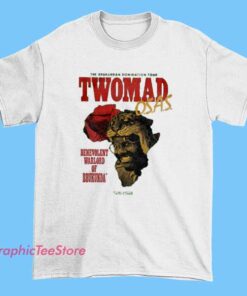 A Twomad merchandise T-shirt featuring the phrase 'Warlord of Brukunda,' with a colorful, cartoon-style graphic or logo representing Twomad's branding. The design may include playful or edgy elements, appealing to fans of Twomad's comedic and gaming content.
