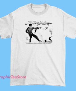 Black t-shirt featuring bold graphic design and text honoring Willie Whoopass Johnson, celebrating Black history and heritage.