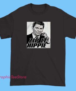 A person wearing a vintage-style hippie shirt featuring a design that references Ronald Reagan, with a rebellious or anti-establishment aesthetic.