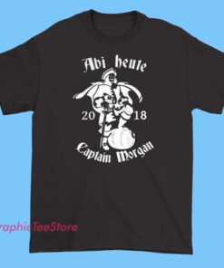 A casual T-shirt from 2018 featuring the text 'Abi Heute' alongside the Captain Morgan logo or mascot, celebrating graduation or a special event with a playful, branded design.