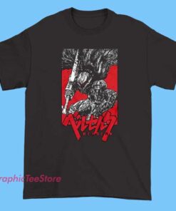 A "Bloody Guts" anime Berserk shirt featuring iconic imagery from the series, such as Guts wielding his massive sword amidst a bloody battlefield, with dark, intense colors and detailed artwork that captures the gritty, brutal essence of Berserk. Would you like a visual design or a specific style?