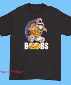A humorous and bold T-shirt featuring a muscular depiction of Master Roshi from Dragon Ball, with the phrase "Boobs Master Roshi" in playful lettering. The design emphasizes his buff physique and humorous personality, blending anime fandom with comedic style.