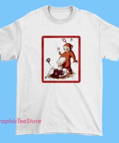 A spooky meme-style T-shirt featuring the Teletubbies with a horror twist, incorporating eerie graphics and dark color tones for a scary, meme-inspired look.