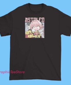Anime-themed T-shirt featuring Astolfo, a character from Fate/Apocrypha, depicted in a dynamic pose with colorful and stylized artwork, emphasizing a playful and vibrant design inspired by anime art styles.