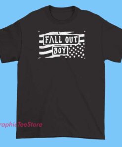 T-shirt featuring a stylized US flag design with the band name 'Fall Out Boy' prominently displayed, combining patriotic imagery with rock band branding.