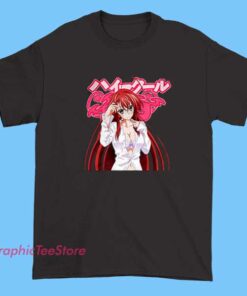 A detailed image of a shirt featuring Rias Gremory, a popular character from anime, showcasing her distinctive red hair and alluring design inspired by the anime series.