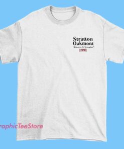 A vintage-style T-shirt featuring a design inspired by the 1991 Malibu Blowout event, with bold graphics and retro typography reminiscent of Stratton Oakmont branding.