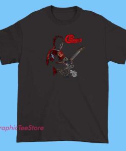 Chicago Terry Kath Shirt 5 A portrait of Terry Kath wearing a Chicago band shirt featuring a vintage design, showcasing his distinctive style and musical influence.