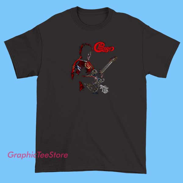 Chicago Terry Kath Shirt 2 A portrait of Terry Kath wearing a Chicago band shirt featuring a vintage design, showcasing his distinctive style and musical influence.
