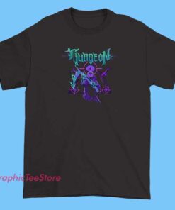 Funny Enter The Gungeon T-Shirt 5 A humorous T-shirt featuring references to the popular game 'Enter the Gungeon,' possibly including witty slogans, pixel art graphics, or iconic characters from the game. The design aims to appeal to fans with a playful or comedic take on the challenging dungeon crawler.