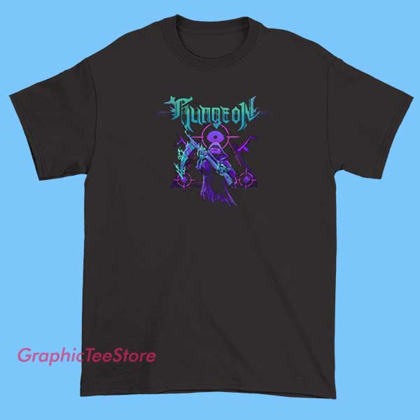 Funny Enter The Gungeon T-Shirt 2 A humorous T-shirt featuring references to the popular game 'Enter the Gungeon,' possibly including witty slogans, pixel art graphics, or iconic characters from the game. The design aims to appeal to fans with a playful or comedic take on the challenging dungeon crawler.