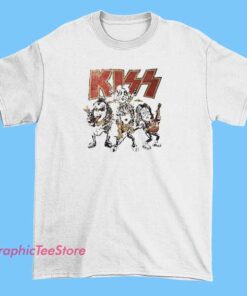 A vintage-style T-shirt featuring a cartoon kiss design, with bold, retro graphics and vibrant colors.