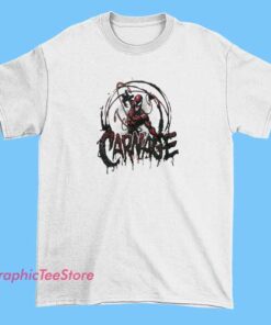 A high-performance compression shirt featuring Spider-Man and Carnage. The design showcases dynamic, web-like patterns intertwined with the sinister visage of Carnage, emphasizing intense red and black colors. Perfect for fans of Marvel's symbiote characters, this shirt combines bold artwork with a snug fit for athletic or casual wear.