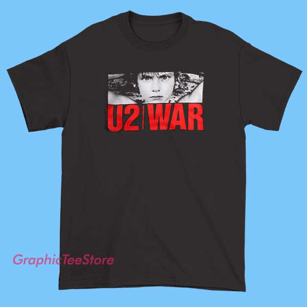 The u2 War Shirt 2 A graphic T-shirt featuring artwork inspired by U2's album "The War," possibly incorporating imagery such as war themes, band logos, or symbolic designs related to the album's message.