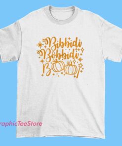 A playful Halloween-themed T-shirt featuring the phrase "Bibbidi Bobbidi Boo" with spooky and whimsical designs, perfect for celebrating Halloween in a fun and magical style.