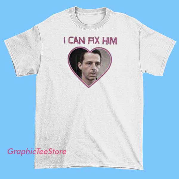 I Can Fix Him Kyle Shanahan Kendall Roy T Shirt 2 Graphic T-shirt with the text 'I Can Fix Him' alongside images or illustrations of Kyle Shanahan and Kendall Roy, blending sports and TV show themes in a humorous vintage style