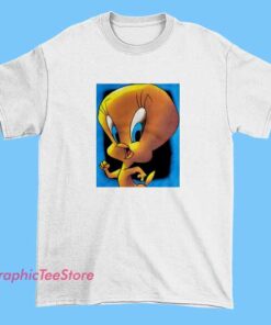 A retro-style 90s Tweety Bird graphic T-shirt featuring the classic yellow canary character from Looney Tunes, with vibrant colors and nostalgic design elements reminiscent of 1990s cartoon fashion.
