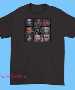 A T-shirt featuring a playful or humorous graphic of a group called 'The Stabby Bunch,' possibly depicting cartoon characters or stylized illustrations with edgy or comedic elements, designed in bold colors for a standout look.