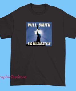 A white T-shirt featuring a bold graphic design inspired by Will Smith's "Big Willie Style" album, with colorful text and vibrant imagery celebrating the iconic rapper and actor.