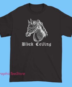 A black T-shirt featuring the "BLVCK CEILING" logo with a stylized image of a blind horse, showcasing modern graphic design and bold branding.