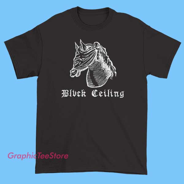 Blvck Ceiling Merch Blind Horse T Shirt 2 A black T-shirt featuring the "BLVCK CEILING" logo with a stylized image of a blind horse, showcasing modern graphic design and bold branding.