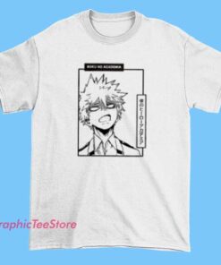 Anime-themed T-shirt featuring Katsuki Bakugou from My Hero Academia, showcasing his fierce expression and explosive quirk with dynamic graphics and bold lettering that capture his intense personality.