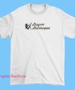 Merchandise featuring a Bayou Burlesque shirt with a vibrant, artistic design showcasing swamp-inspired elements, glamorous burlesque motifs, and bold lettering, capturing a sultry and lively Louisiana theme.