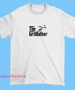 An image of a t-shirt featuring a logo design inspired by "The Godfather" theme, with the text "The Grillfather" and graphics related to grilling or barbecue, perfect for merchandise or apparel.