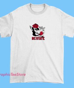 A graphic T-shirt featuring the NC State Wolfpack mascot, a snarling wolf with a fierce expression, showcasing the school's colors and logo, perfect for showing team pride.