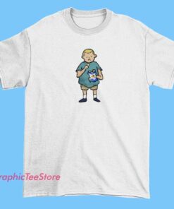 A fun Potato Chips Bobby Hill T-shirt featuring a cartoon-style image of Bobby Hill from King of the Hill enjoying a bag of potato chips, with playful, bold text like 
