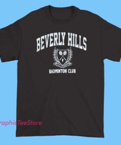 White T-shirt with a colorful graphic design featuring the words 'Badminton Club Beverly Hills' in bold letters, accompanied by a shuttlecock illustration and stylish accents, representing a local sports or social club.