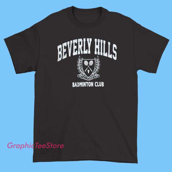 Badminton Club Beverly Hills Shirt 2 White T-shirt with a colorful graphic design featuring the words 'Badminton Club Beverly Hills' in bold letters, accompanied by a shuttlecock illustration and stylish accents, representing a local sports or social club.