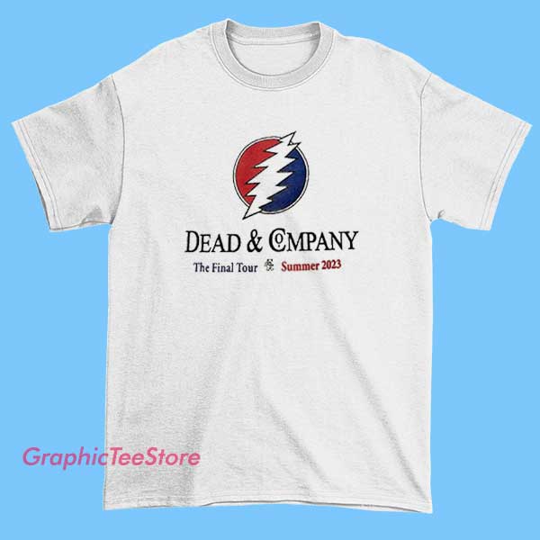 Summer 2023 Dead and Co Final Tour Merch Shirt 2 A graphic T-shirt design for Dead & Company’s Summer 2023 Final Tour, featuring vibrant artwork with band logos, tour dates, and psychedelic-inspired elements celebrating the band's farewell performances.