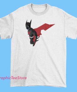 Vintage poly art style Batman Beyond shirt featuring a stylized image of Batman's futuristic costume and logo, with bold geometric patterns and vibrant colors.
