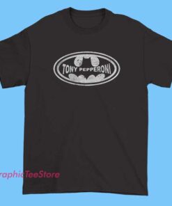 A vintage-style logo featuring Tony Pepperoni dressed as Batman, designed for a t-shirt. The logo combines retro elements with a playful depiction of Tony Pepperoni in a Batman costume, ideal for a themed graphic tee.