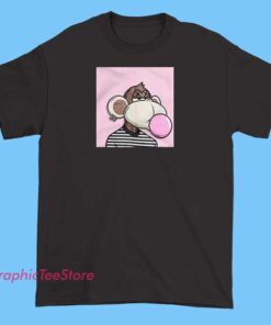 T-shirts featuring a playful monkey character blowing up a large bubble gum bubble, with the name 