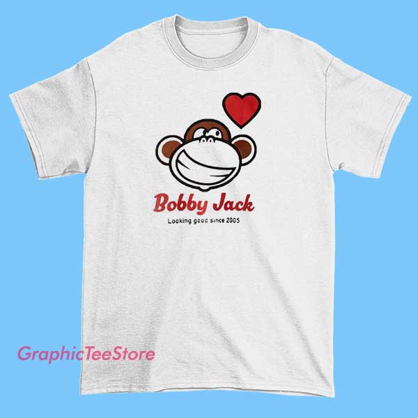 Monkey Heart Looking Good Since 2005 Bobby Jack Shirts 2 A shirt featuring a design with a monkey and heart motif, along with the text "Looking Good Since 2005," representing Bobby Jack shirts.