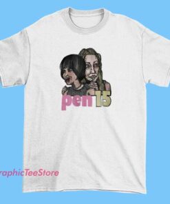 Parody T-shirt featuring cartoon-style illustrations of Maya Erskine and Heather from the TV show Pen15, with humorous or exaggerated design elements.
