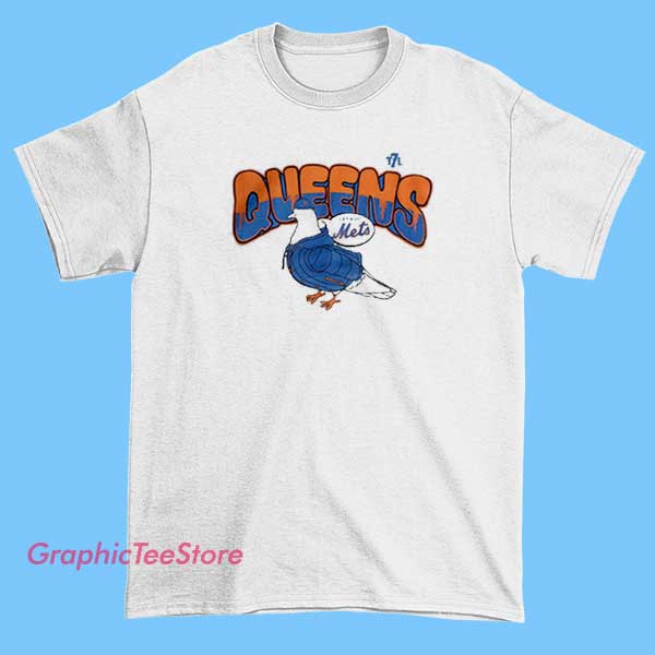 Pigeon Let's Go Mets Queens Shirt 2 A person wearing a white T-shirt with a pigeon graphic and the words "Let's Go Mets" printed on it, supporting the New York Mets baseball team, with Queens-themed design elements.