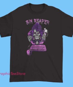 Black T-shirt featuring the 'Bin Reaper' design inspired by BabyTron, with bold, stylized text and graphic elements representing the 'Reaper' theme, popular among fans of the rapper.