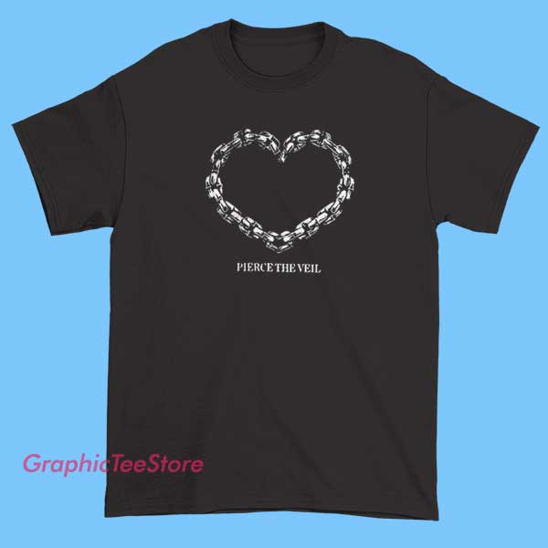 Chain Heart Pierce the Veil Shirt 2 A stylish t-shirt featuring a chain heart graphic inspired by the band Pierce the Veil. The design showcases an edgy, alternative aesthetic with bold artwork, perfect for fans of the band and punk/rock fashion.