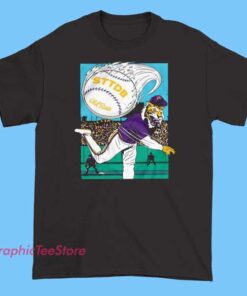 Tiger Baseball Old Row Sttdb Shirt 5 Front view of an LSU Tiger Baseball Old Row T-shirt featuring the LSU tiger mascot, baseball graphics, and Old Row branding in team colors purple and gold.