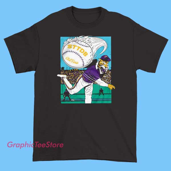 Tiger Baseball Old Row Sttdb Shirt 2 Front view of an LSU Tiger Baseball Old Row T-shirt featuring the LSU tiger mascot, baseball graphics, and Old Row branding in team colors purple and gold.