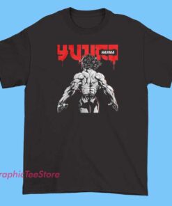Black T-shirt featuring a graphic of Baki Hanma from the anime with prominent scars on his face and body, accompanied by the text 'Why Does Baki Hanma Have Scars?' in bold, stylized font, emphasizing his tough, battle-hardened character.