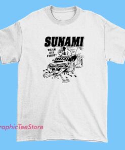 A retro-style t-shirt featuring a design with a weak, dying sun and a tsunami wave, capturing a vintage aesthetic.