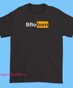 A T-shirt featuring the logo and branding of an adult entertainment organization, with bold text and graphic elements representing the brand.