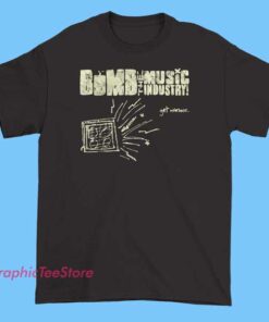A vintage-style T-shirt featuring bold graphics and text that says "Bomb the Music Industry," with distressed design elements giving it a retro look.