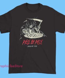 Graphic T-shirts featuring the 'Piece By Piece' design associated with Sizzle Pie, showcasing vibrant artwork or logos related to the brand and its theme.
